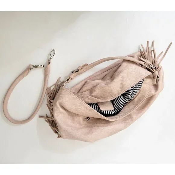 Expressions Pink Vegan Leather Boho Fringed Shoulder Bag - Picture 4 of 9